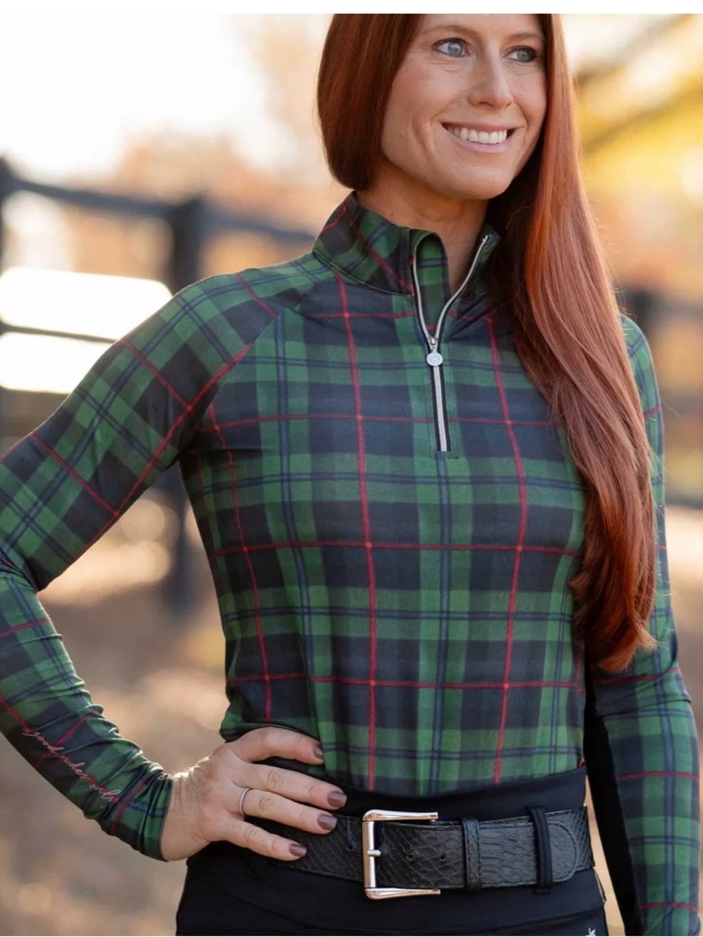 DappleBay Plaid Long-Sleeve Quarter-Zip Top in Green and Navy